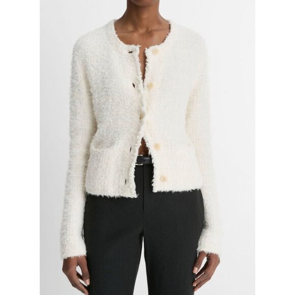 VINCE Italian Cotton-Blend Brocade Cardigan Jacket Sweater Off White Size XXS - Picture 1 of 3
